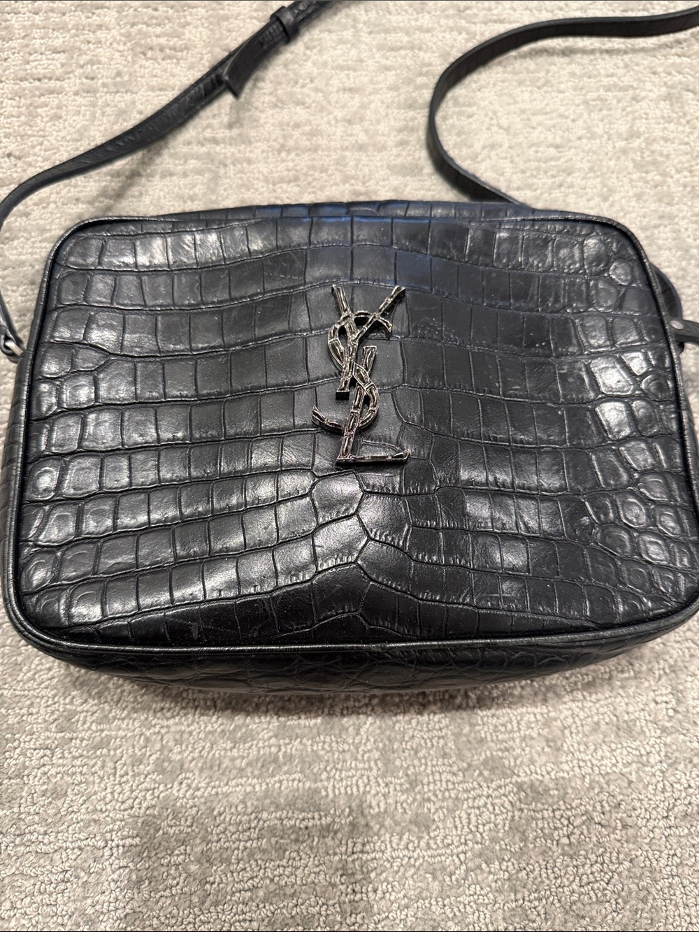 Saint Laurent Black Croc-Embossed Leather Camera Crossbody with Silver YSL Logo